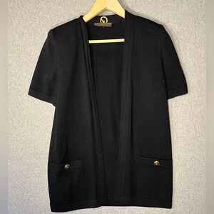 St. John Basics Santana Knit Cardigan Black Short Sleeve Open Crest Women’s S P